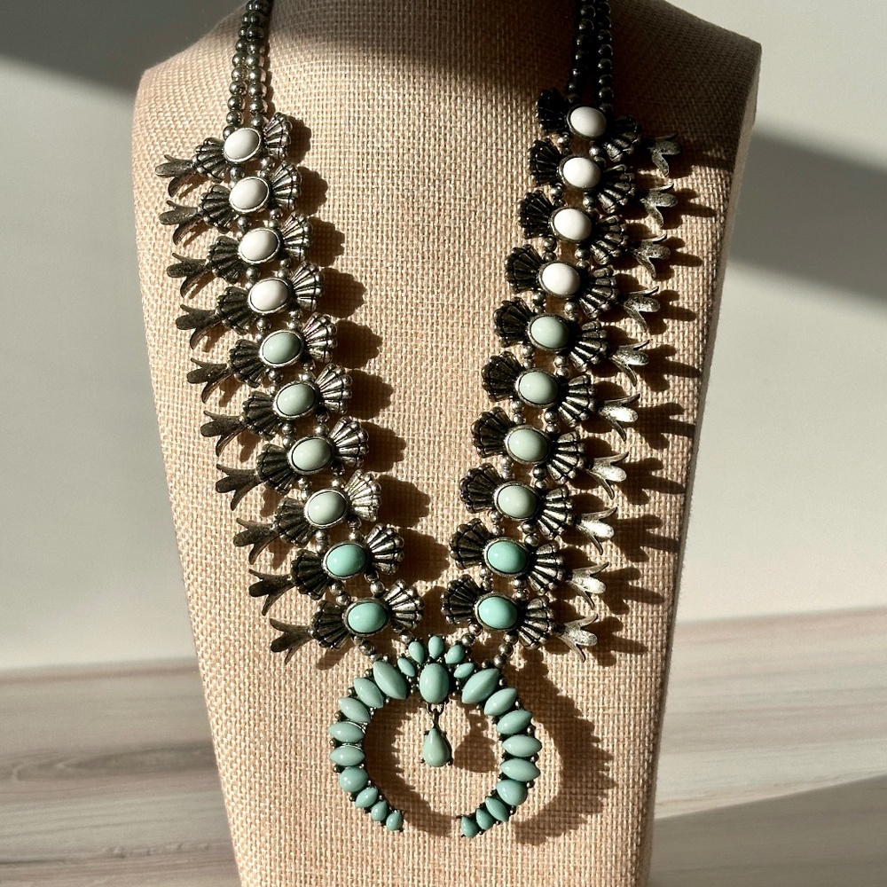 BaubleBar Statement Squash blossom Necklace | Silver-Tone | Turquoise | White